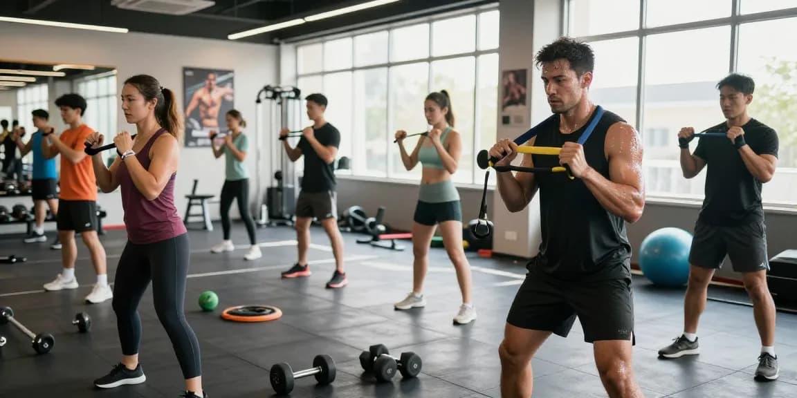 Atletische personen trainen krachtig in de Unique Pharma Steroïden Winkel gym, energieke sfeer met motivaties.