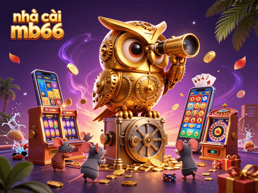 nhà cái mb66 showcases a vibrant 3D casino scene with a golden owl and playful characters amidst colorful games