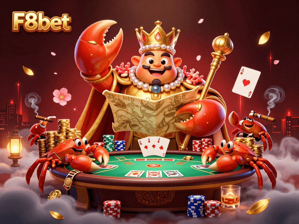 Engage with F8bet's dynamic poker scene featuring a golden crab emperor and vibrant casino elements.