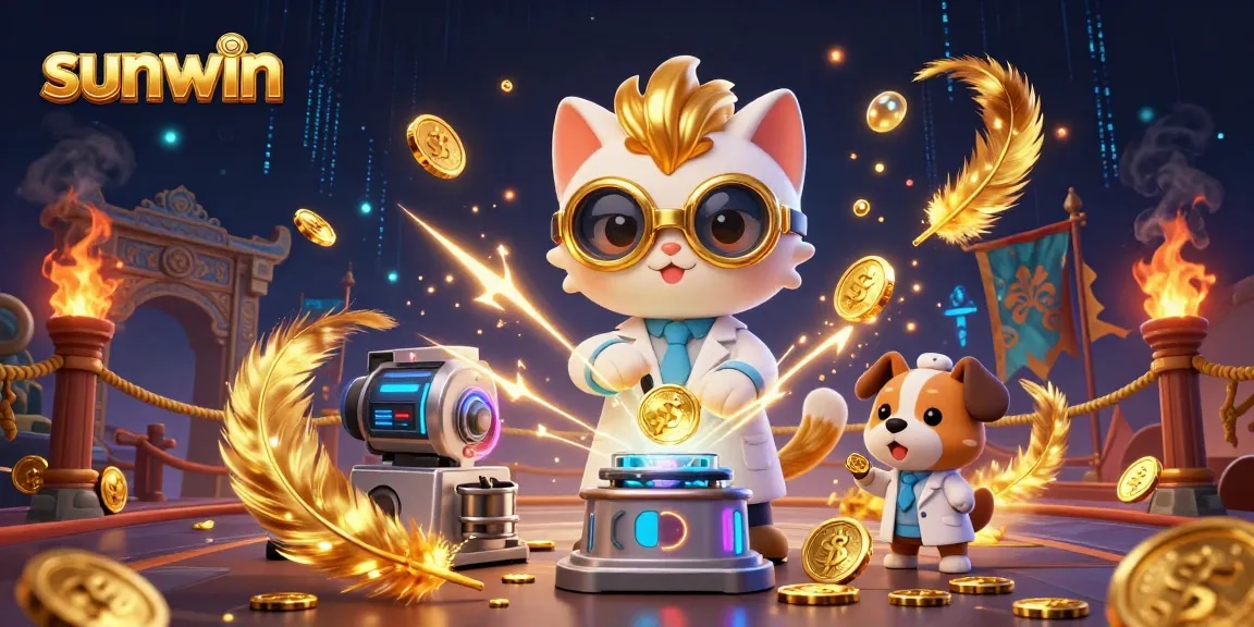 Experience exhilarating gaming action at sunwin with a vibrant 3D scene of playful characters and casino elements.