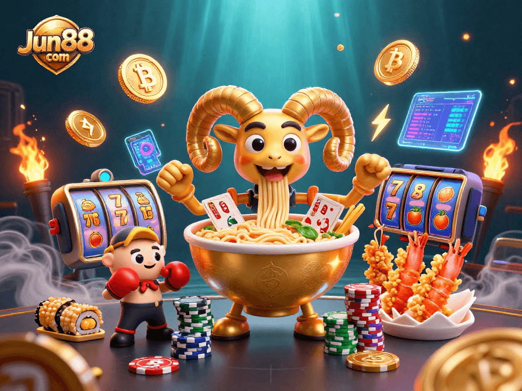Engage in winning strategies at Jun88 com with giant ramen bowl and vibrant casino elements.