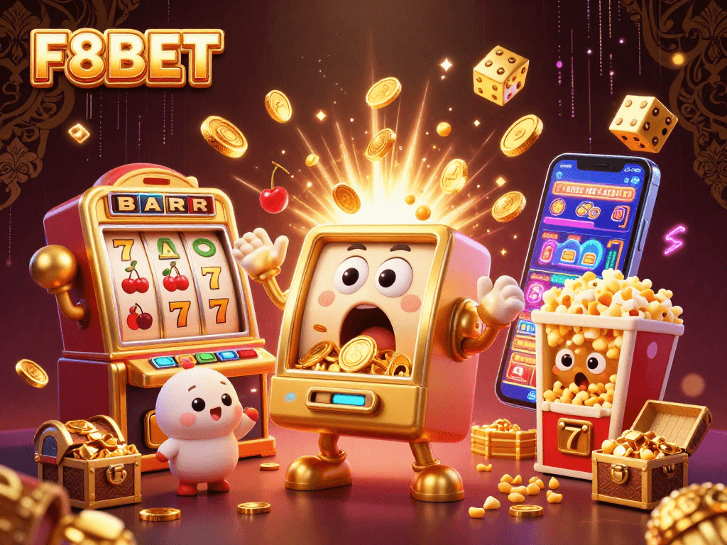 Engage with F8BET's thrilling jackpot experience featuring a joyful slot machine bursting with coins.