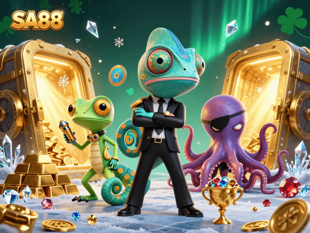 Experience thrilling wins at SA88 with a dynamic 3D casino scene featuring a secret agent chameleon, a gadget gecko, and a villainous octopus.
