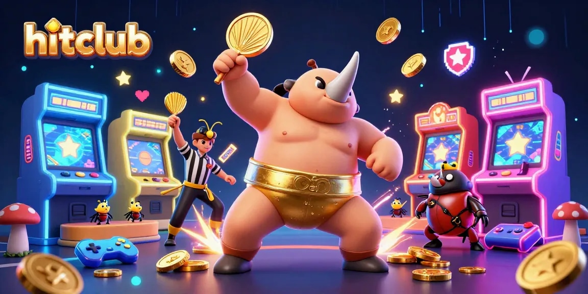 Hitclub players conquer the casino with a triumphant rhinoceros beetle sumo champion and golden coins raining down.
