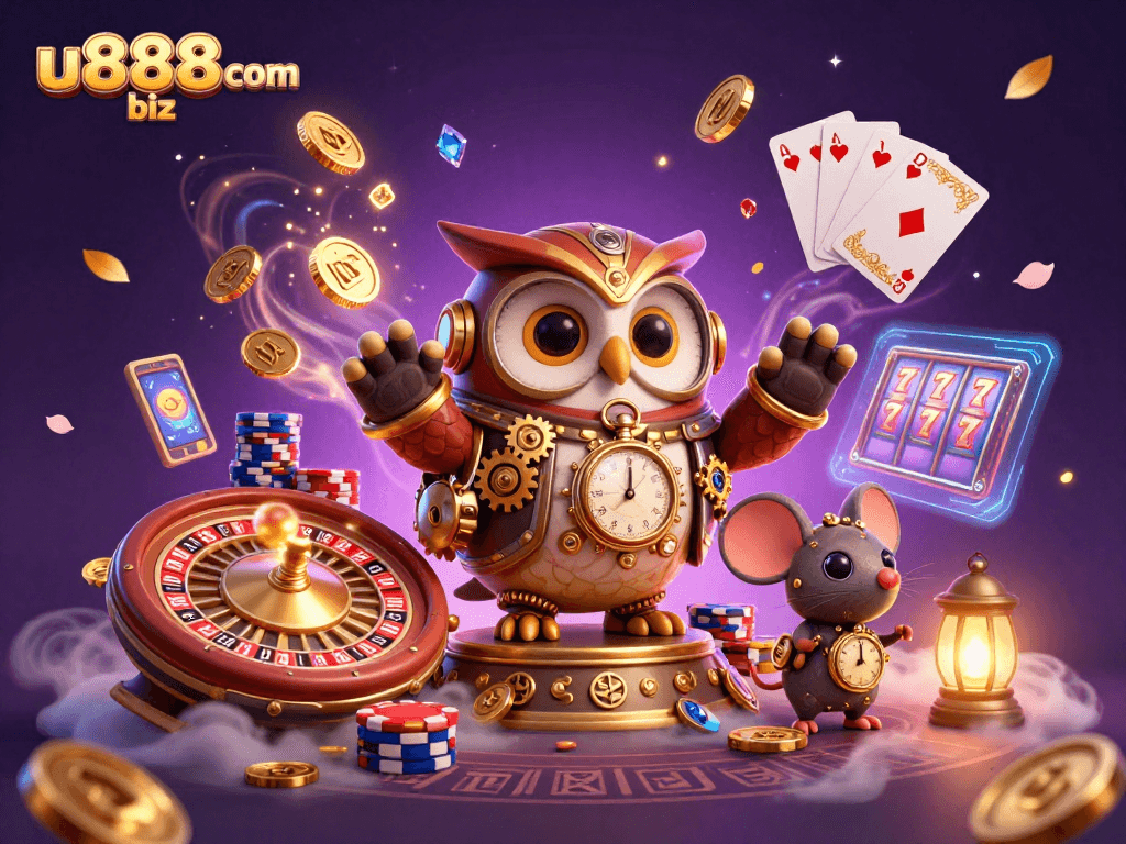 Spin the luck with u888com biz, featuring a vibrant steampunk casino scene.