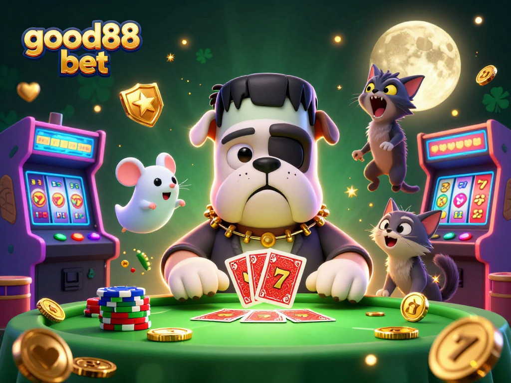 Engage with the good88 bet experience at this dynamic casino scene featuring the Frankenstein bulldog dealer.