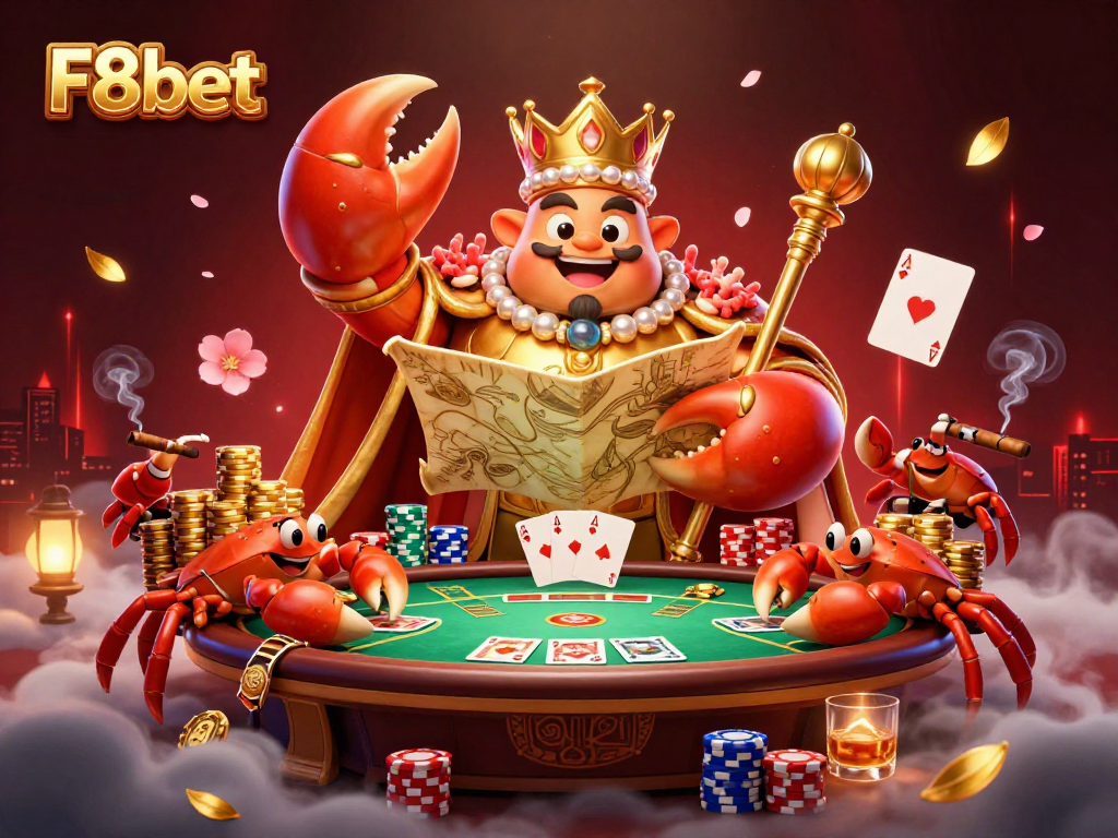 Engage with F8bet's dynamic poker scene featuring a golden crab emperor and vibrant casino elements.