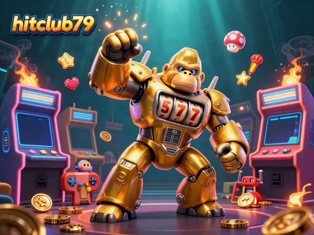 Experience excitement with hitclub79 as a golden gorilla mech launches coins and jackpots in a colorful casino.