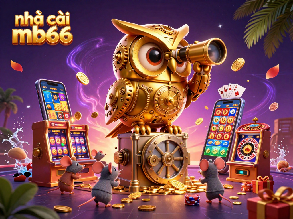 nhà cái mb66 showcases a vibrant 3D casino scene with a golden owl and playful characters amidst colorful games
