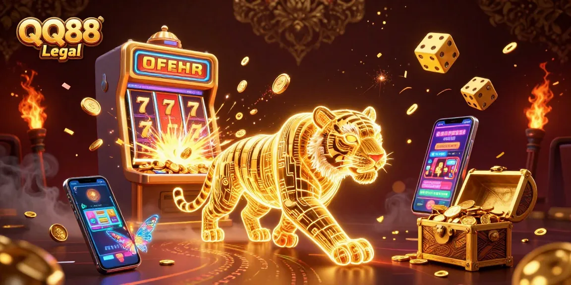 Experience QQ88 Legal in this vibrant 3D casino scene with dazzling jackpots and golden elements.