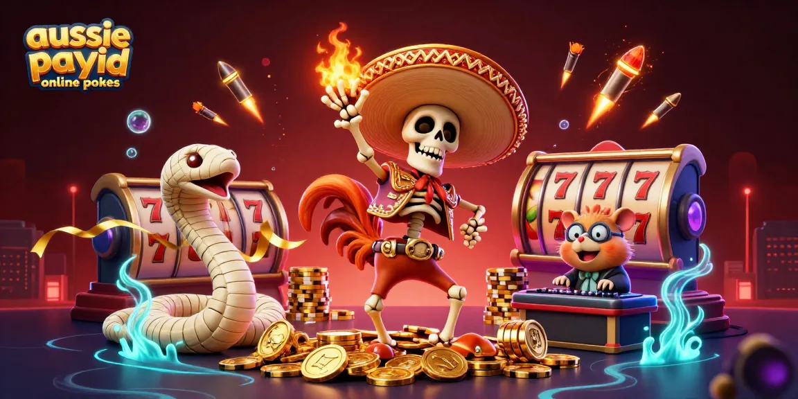 Play aussie payid online pokies with a fun scene featuring a victorious skeleton mariachi rooster, mummy snake, and zombie hamster DJ.