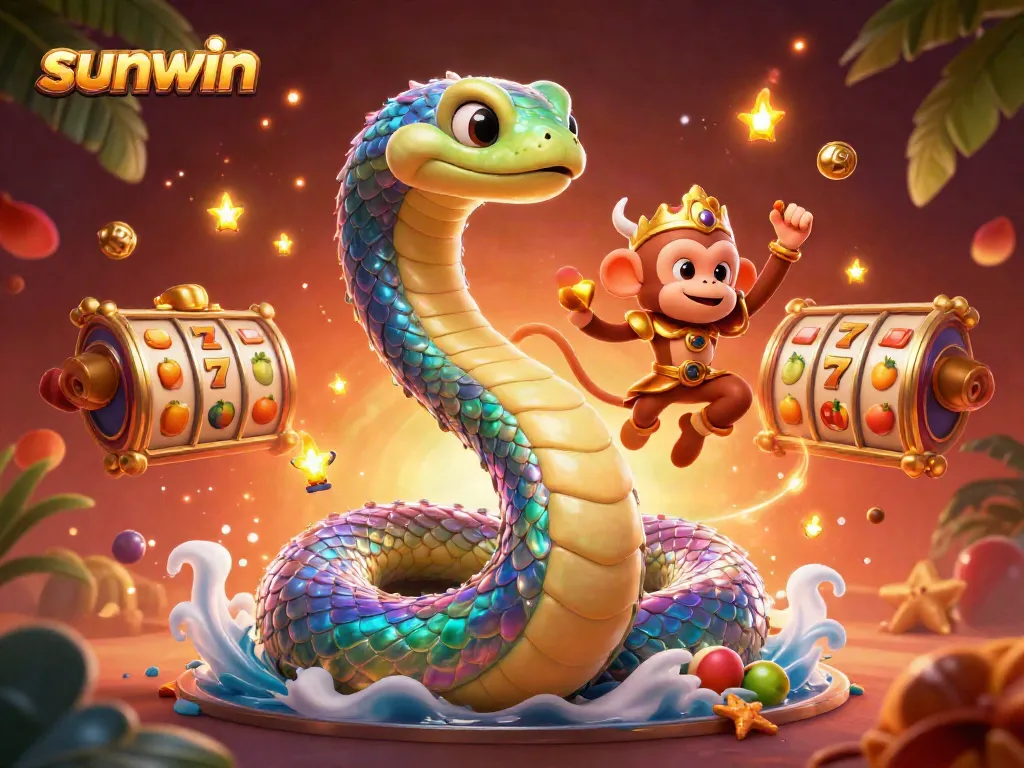 Play exciting slots at sunwin with a vibrant 3D rainbow serpent, monkey king, and dynamic casino elements.