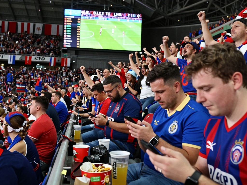 Fussball WM Wettanbieter: Stadionatmosphäre mit jubelnden Fans und Live-Wettquoten.