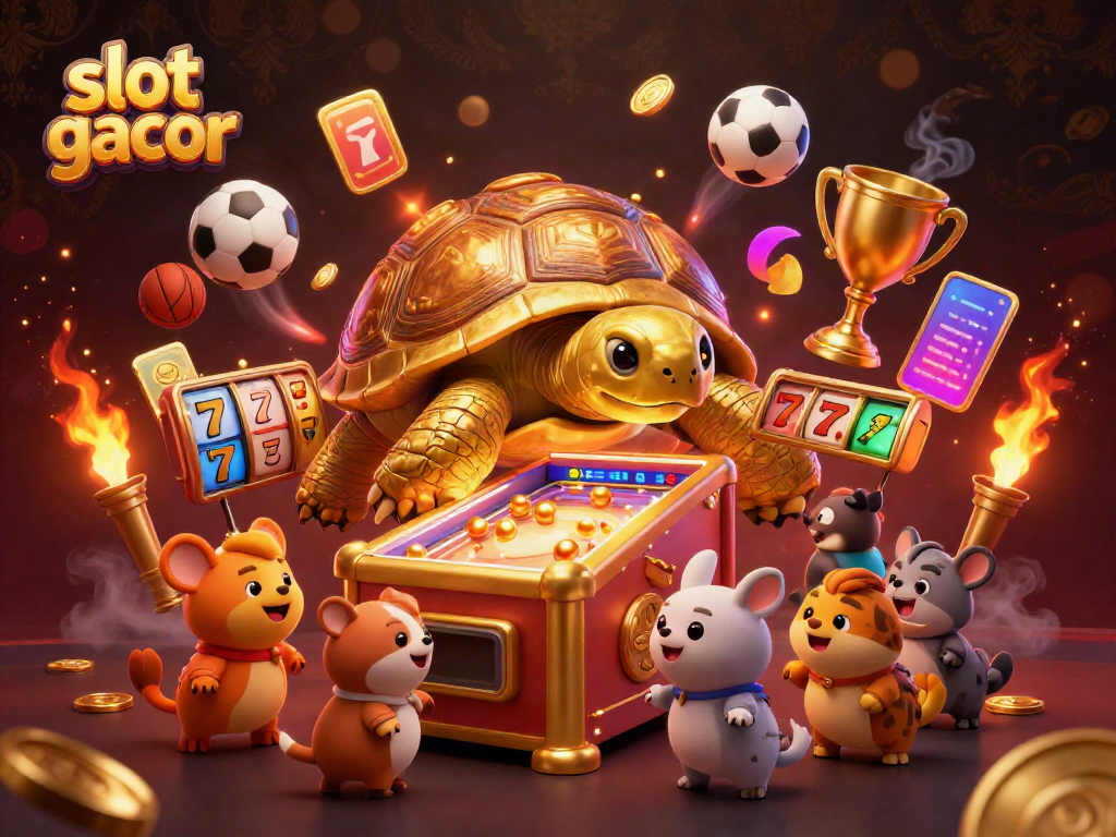 Experience the thrill of slot gacor with an exciting scene featuring a golden tortoise and dynamic game elements.