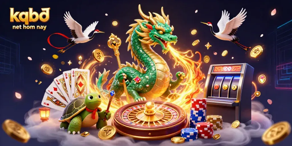 Experience kqbđ net hom nay with a vibrant scene of fortune, featuring dragons, lucky cranes, and dynamic casino elements.