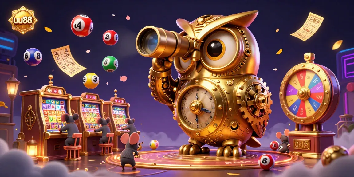 Experience the excitement at uu88 with colorful gambling elements, featuring a golden owl and animated lottery balls.
