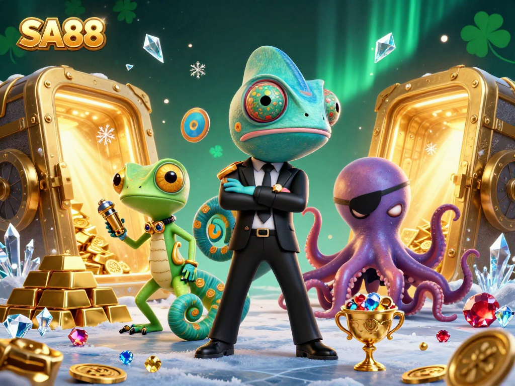 Experience thrilling wins at SA88 with a dynamic 3D casino scene featuring a secret agent chameleon, a gadget gecko, and a villainous octopus.