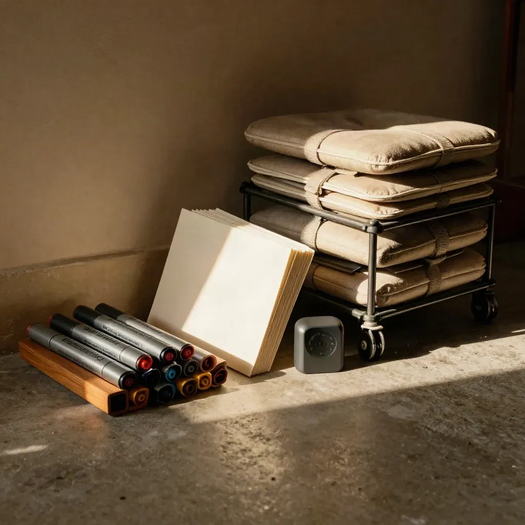 Workshopset met markerkoffer, blanco kaarten, timer en stapel zitkussens bij een lege muur.