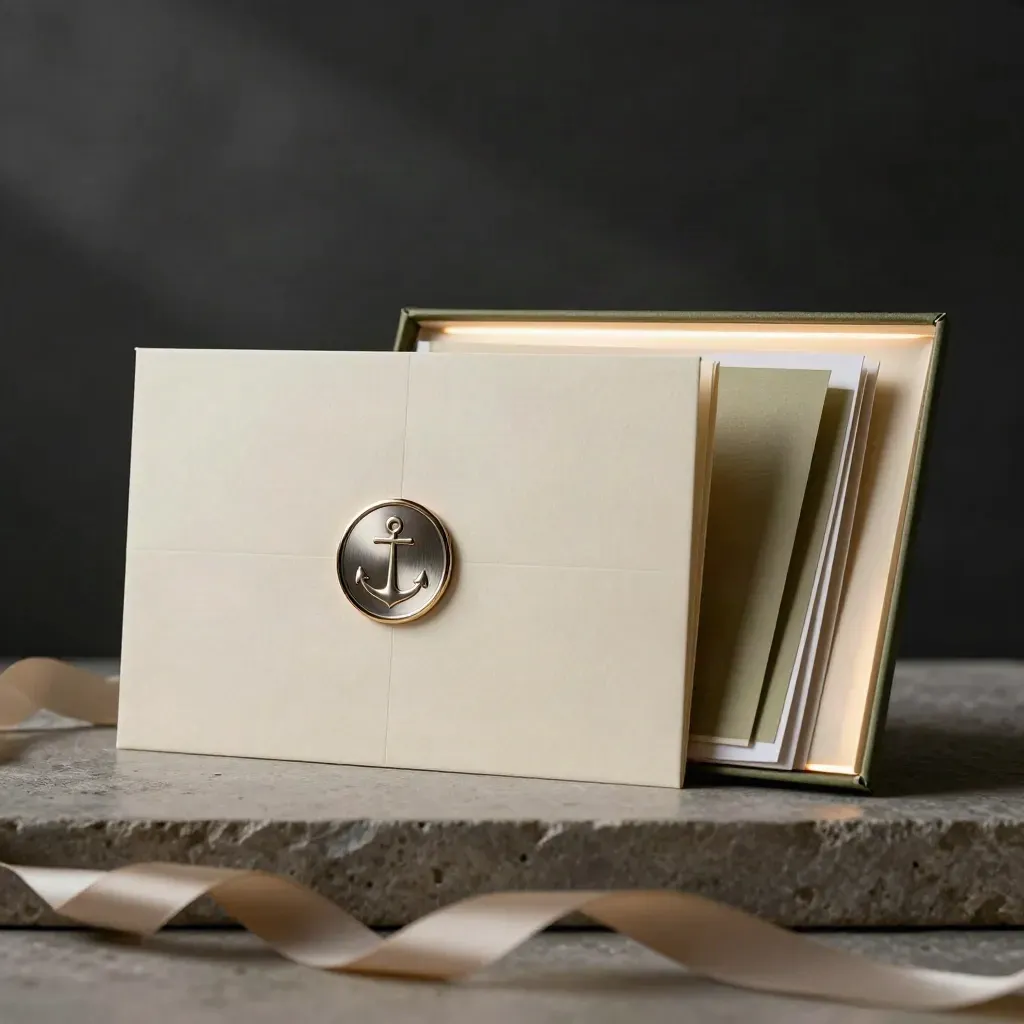 Certificeringsset met folios, metalen zegel en lintdoos op steen in dramatisch licht
