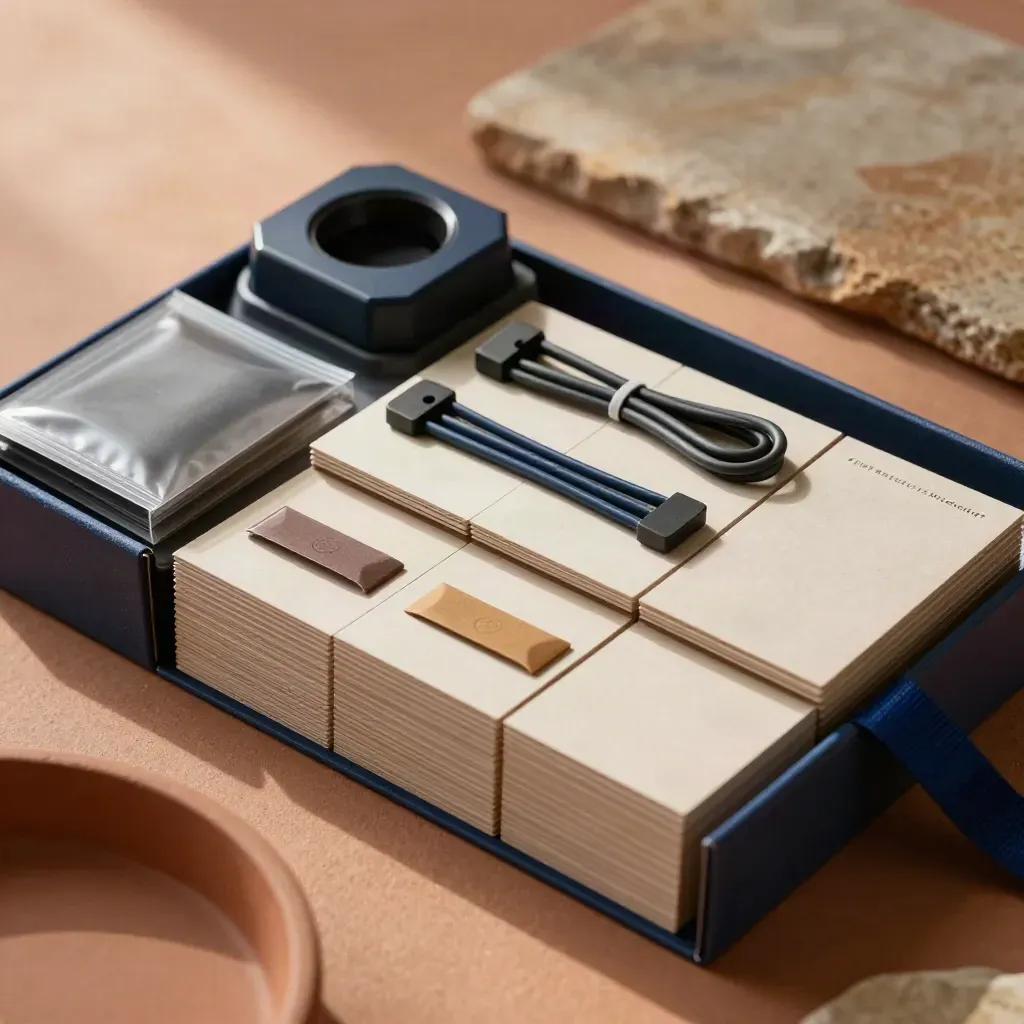 Bovenaanzicht van onboardingboxen, dividerkaarten en een laadstation op terracotta.