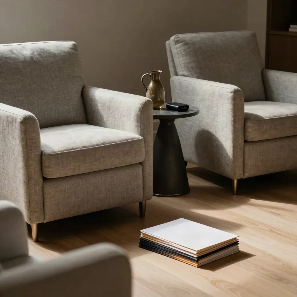 Serene gespreksruimte met twee fauteuils, bijzettafel, recorder en gesloten folders.