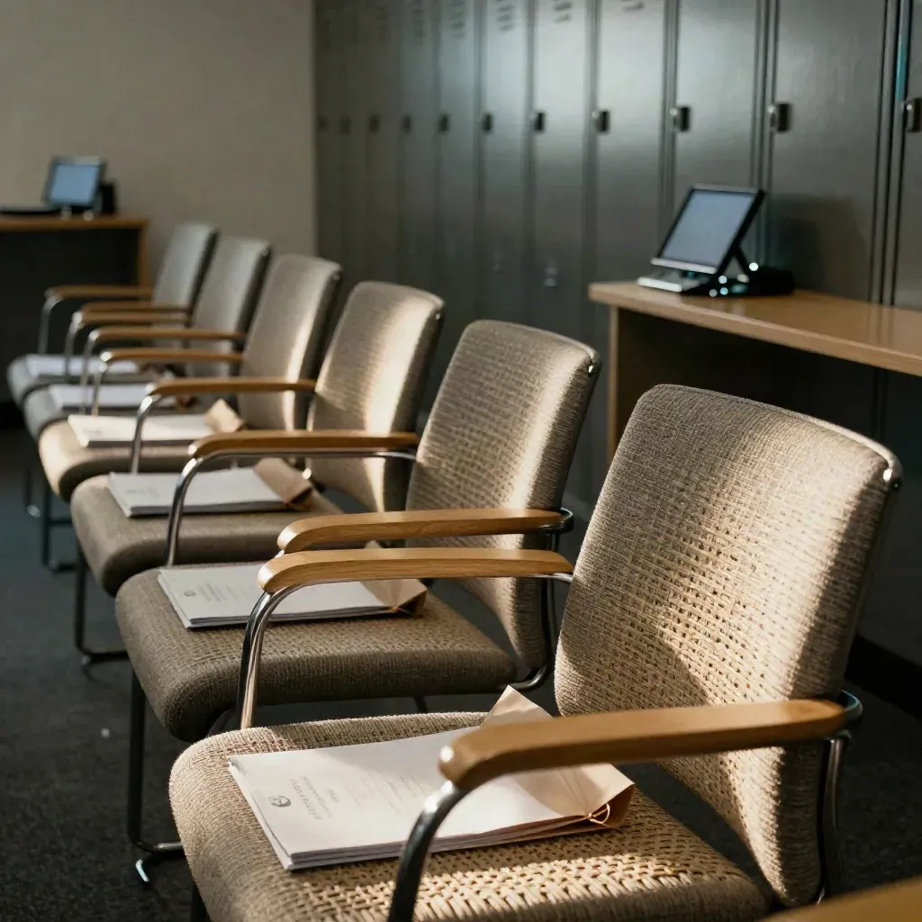 Ingerichte onboardingruimte met rijen stoelen, welcome-kits, laadplank en lockers.