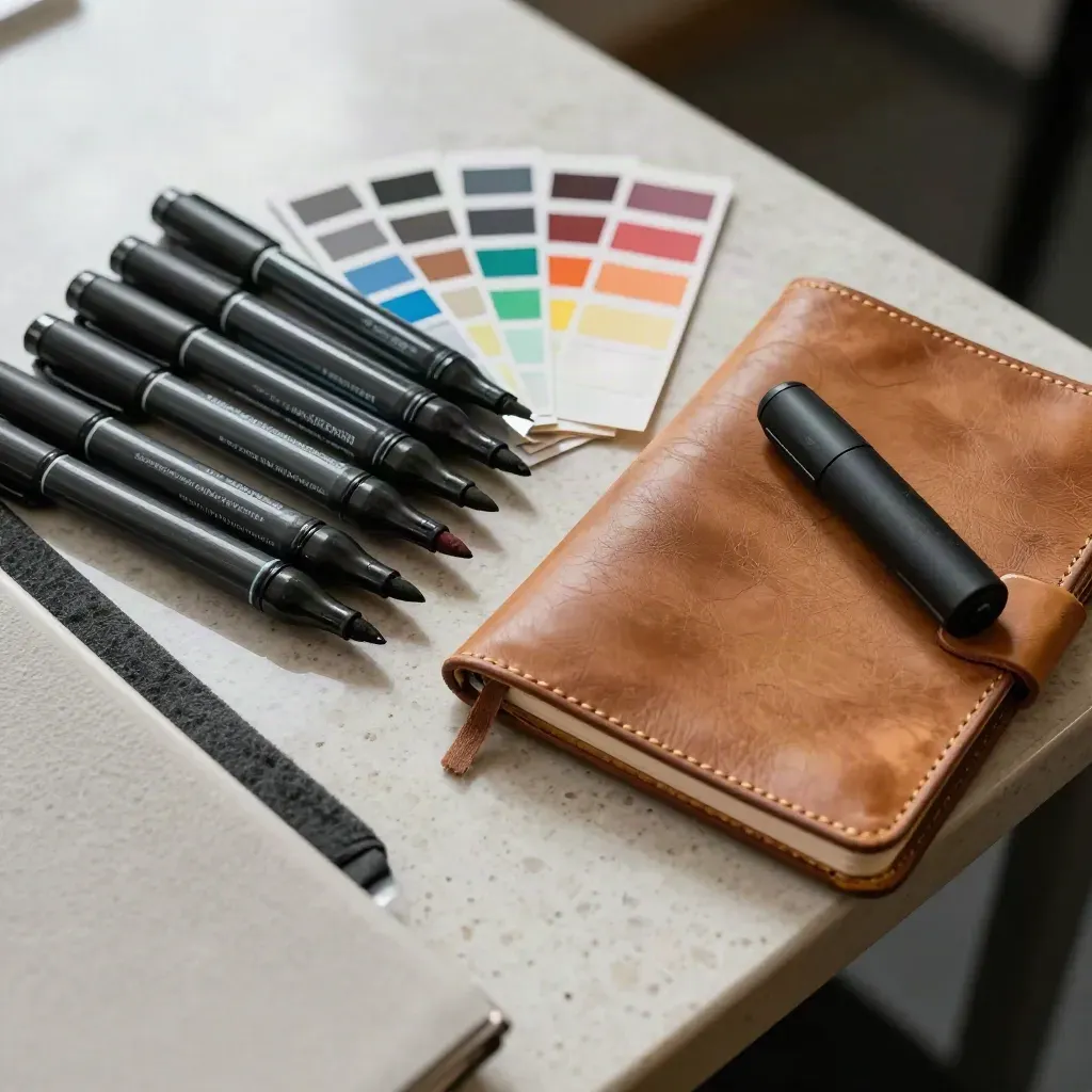Bovenaanzicht van een facilitator-kit met markers, kleur-tabs, leren notitieboek en clicker op travertin.