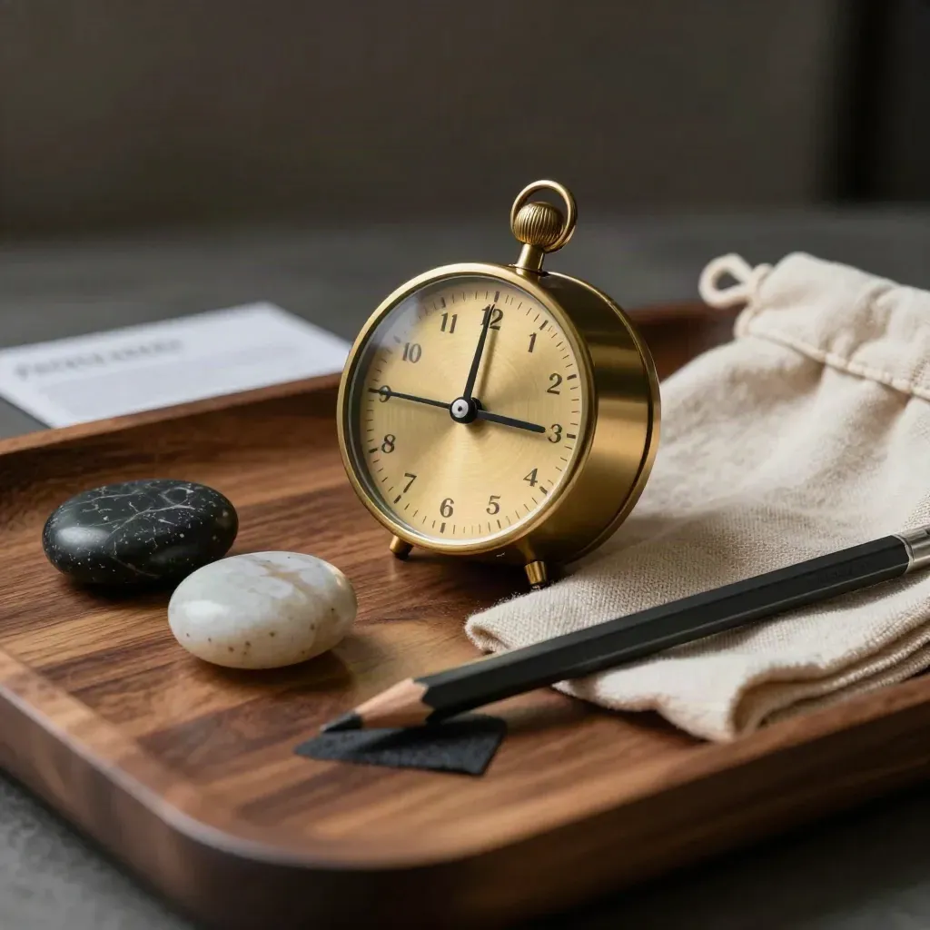 Messing timer, gesprekstenen, linnen etui en potlood op een warme houten coachingtafel.