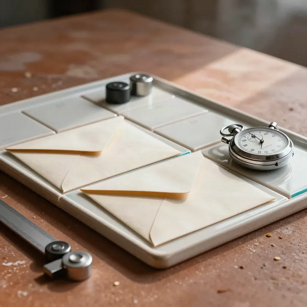 Assessmentset met tegels, enveloppen, stopwatch en gewichten op terracotta onder zacht licht
