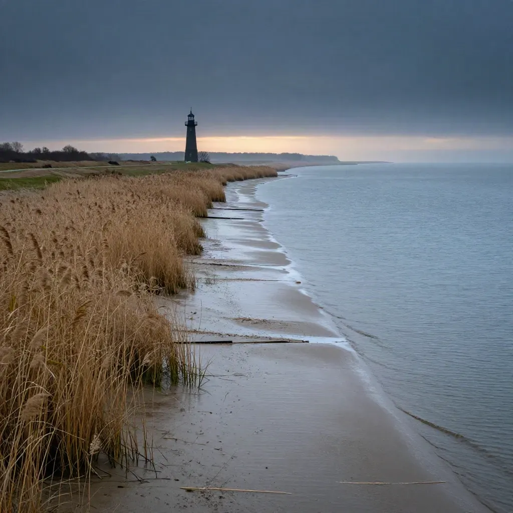 Waddenkust met verre kerktoren, riet en slikplaten in mistig blauw uur