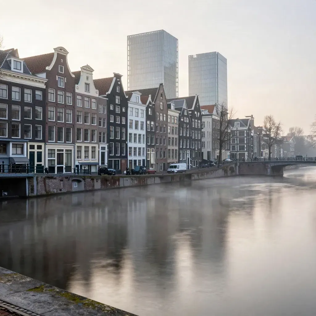 Mistige ochtend boven Amsterdamse grachten en moderne torens in de Randstad.