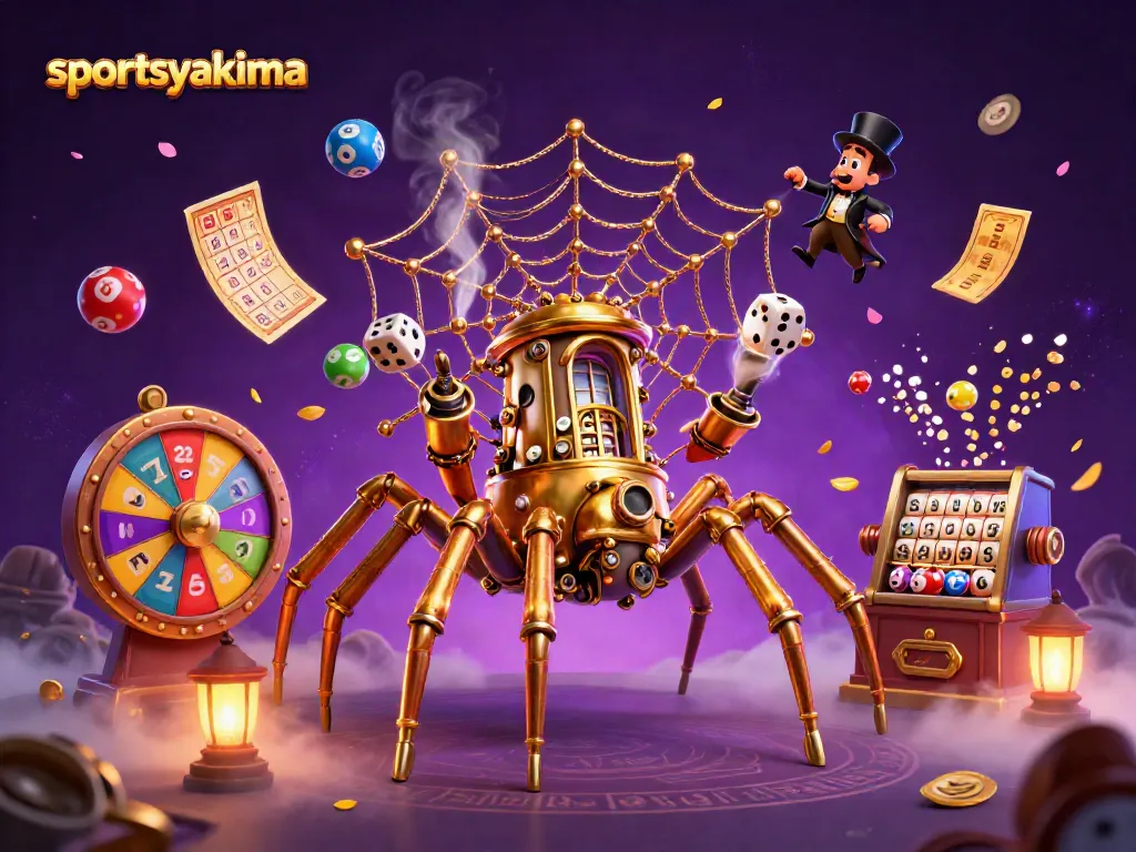 Experience the thrill of sportsyakima with a packed 3D steampunk casino scene featuring vibrant games and golden elements.