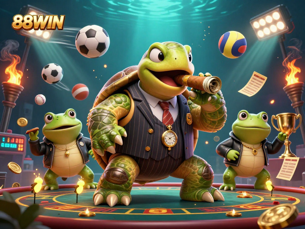 Experience thrilling gameplay with 88WIN in a vibrant casino scene featuring a snapping turtle and bullfrogs.