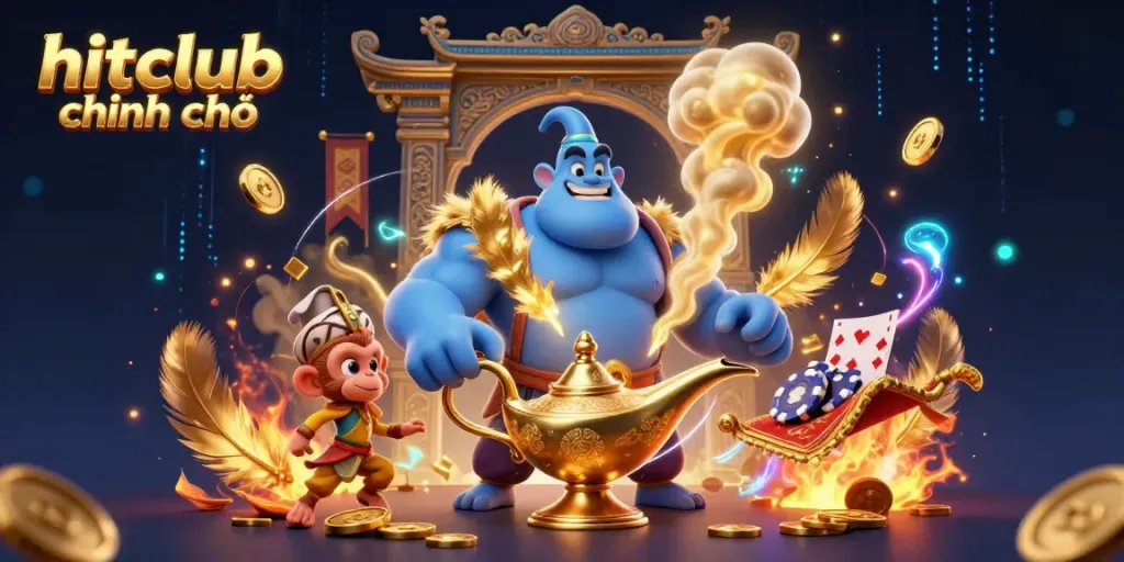 Join the excitement at hitclub chính chủ with a lively casino scene featuring a powerful genie and playful monkey.