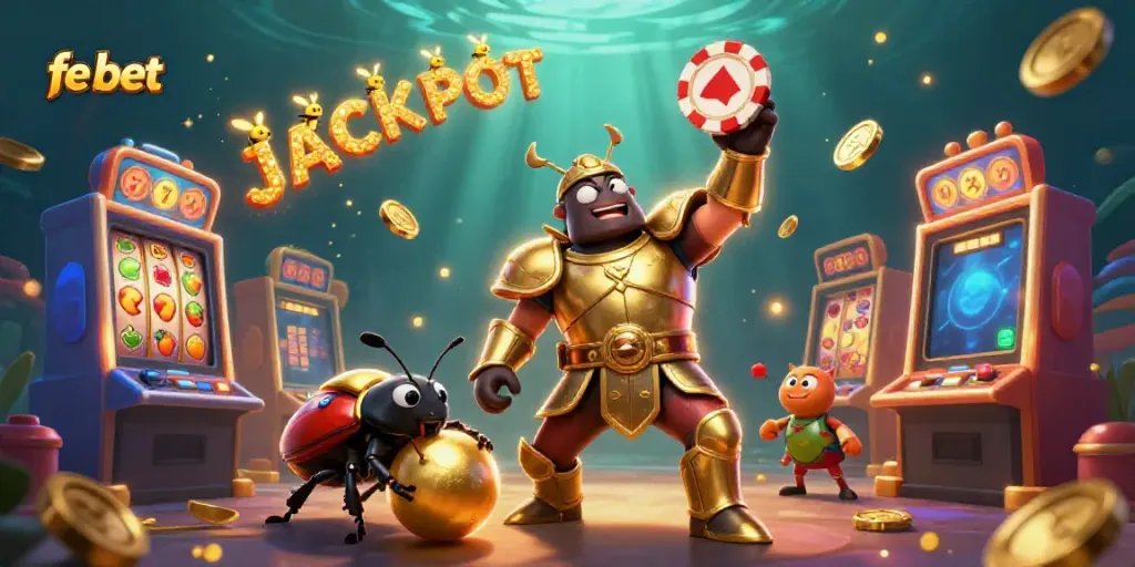 Celebrate your wins at fe bet with a vibrant 3D jackpot scene featuring heroic beetle characters.