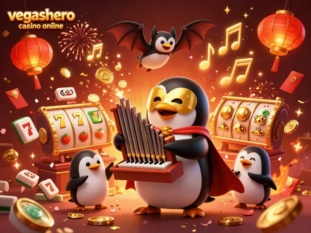 Experience the excitement of vegashero casino online with a penguin organist shooting coins amidst festive elements.