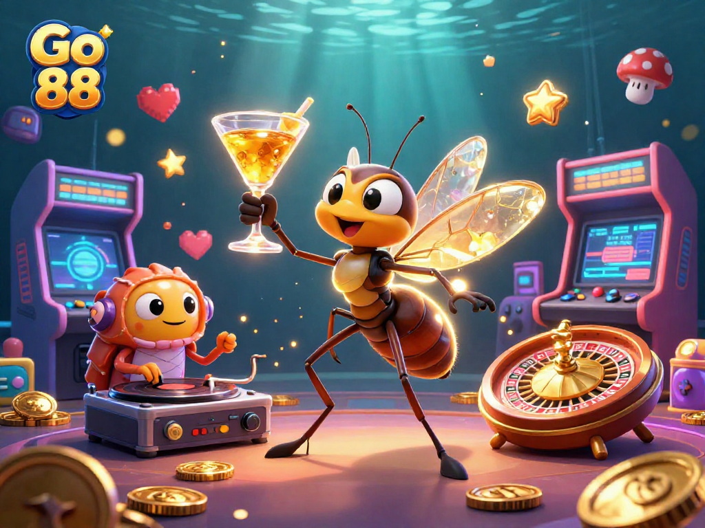 Experience Go 88's vibrant casino scene featuring a unique animated mascot and dynamic gaming elements.