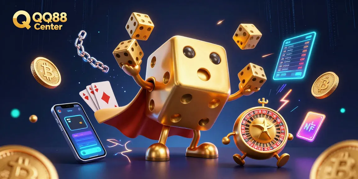 Experience winning moments at QQ88 Center with vibrant casino action, golden dice, and neon elements.