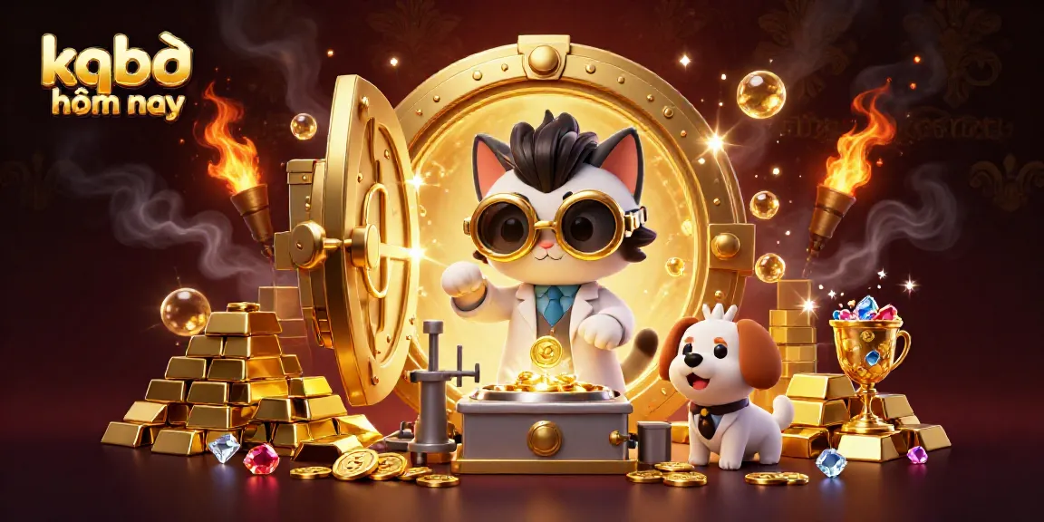 Dynamic portrayal of kqbđ hôm nay with a cartoon scientist cat and assistant creating gold coins in a vibrant casino-themed scene.