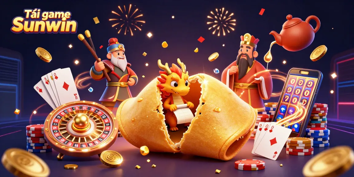 Win big with Tải game Sunwin showcasing golden fortune cookie, coins, and vibrant casino elements.