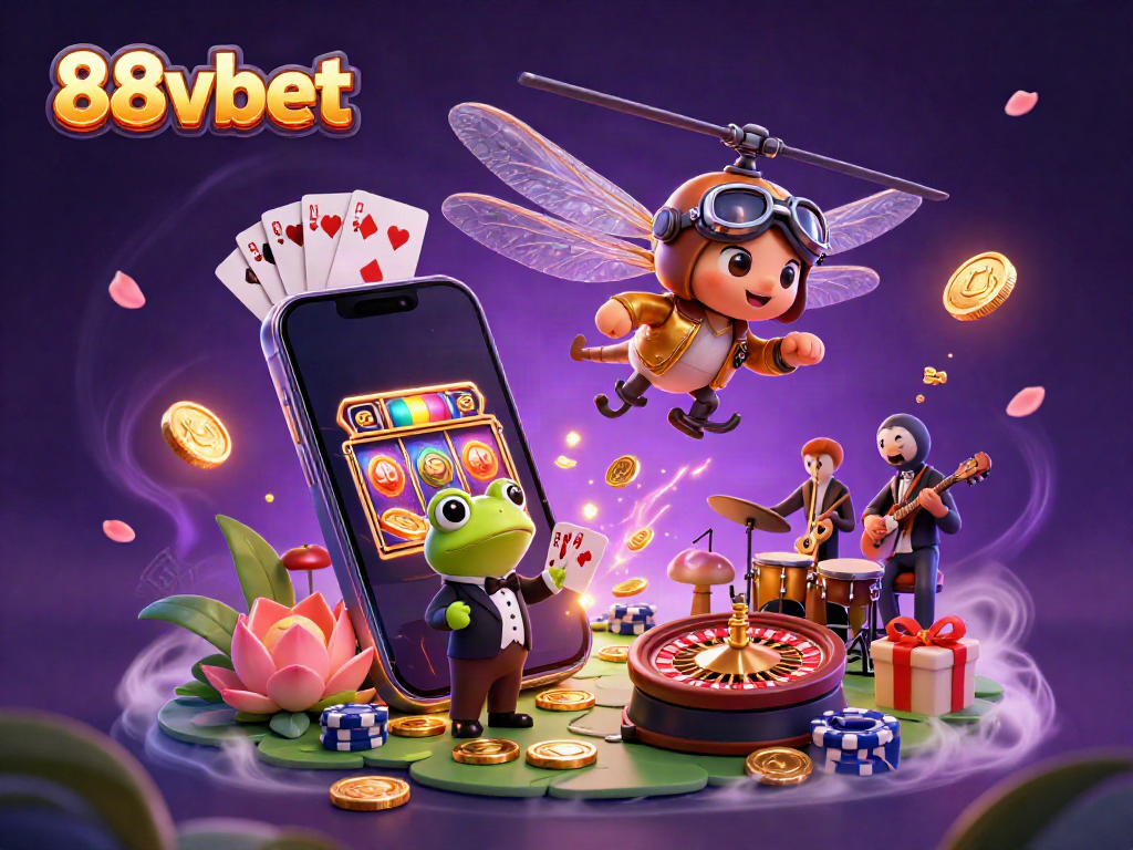 Engage with 88vbet at a lily pad casino, featuring a dragonfly pilot and frog croupier amidst rich gambling elements.
