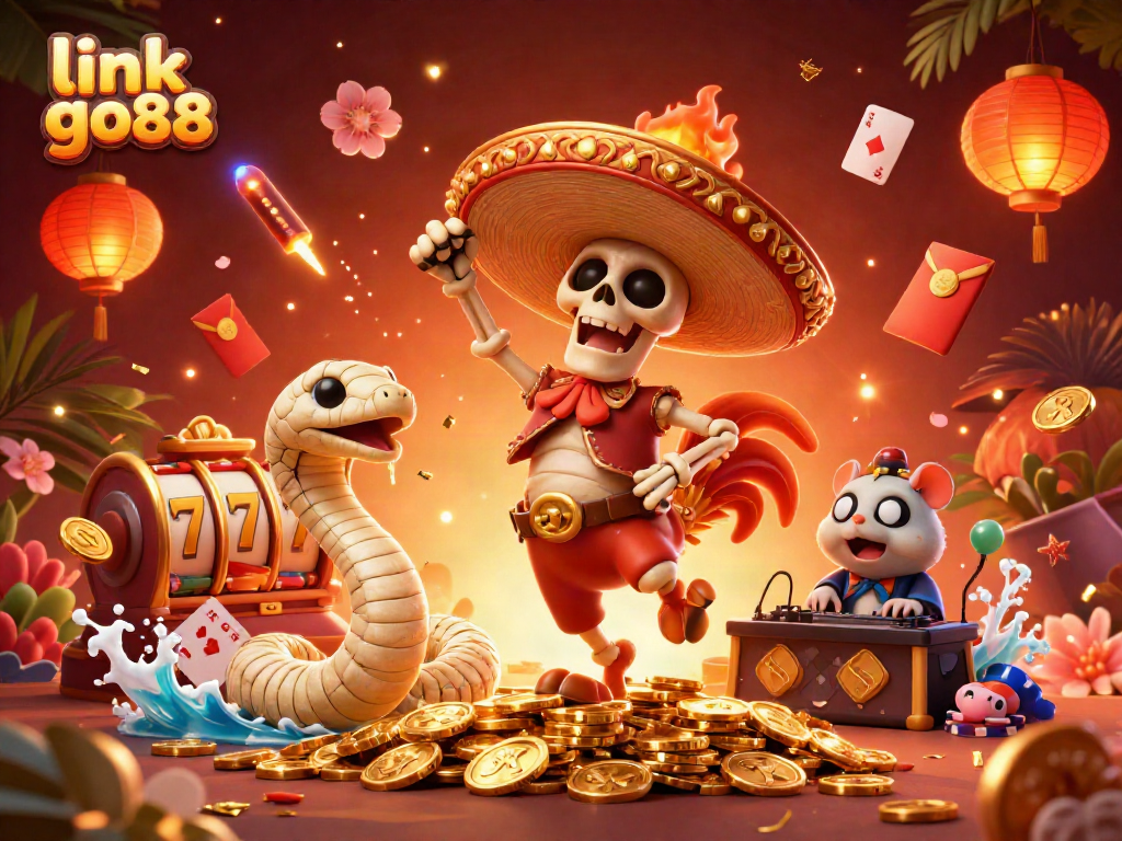 Experience the excitement at link go88 with vibrant cartoon characters celebrating amidst stunning slot machines and casino elements.