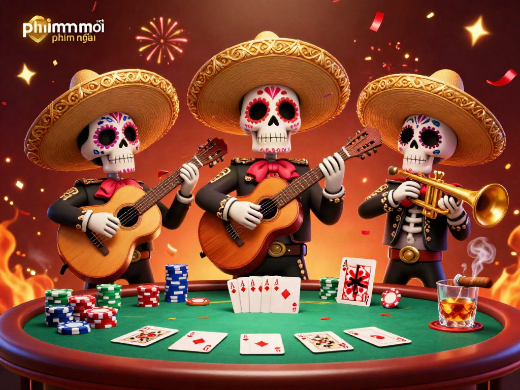 Engage in thrilling gaming experiences with phimmoi net phim mới at a vibrant 3D skeletal mariachi poker scene.