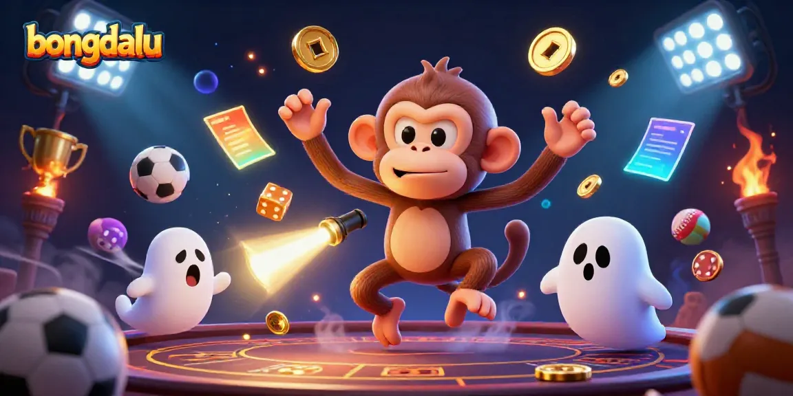 Bongdalu illustrates a playful poltergeist monkey juggling gold objects in a haunted casino setting.