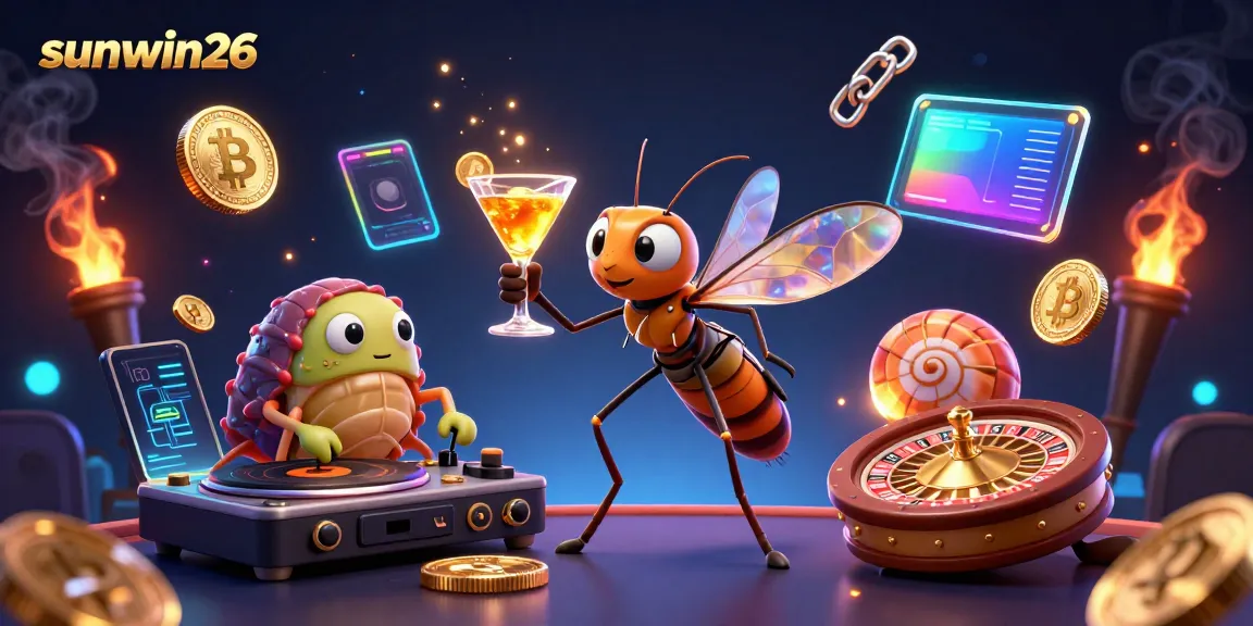 Engage with the vibrant scene at sunwin26 as a frozen mosquito casino mascot mingles with a trilobite DJ beside a glamorous roulette wheel.