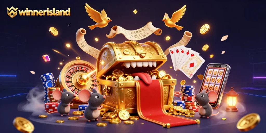 Experience the thrill at winnerisland with a vibrant casino scene full of coins, cards, and treasures.