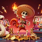 Play aussie payid online pokies with a fun scene featuring a victorious skeleton mariachi rooster, mummy snake, and zombie hamster DJ.