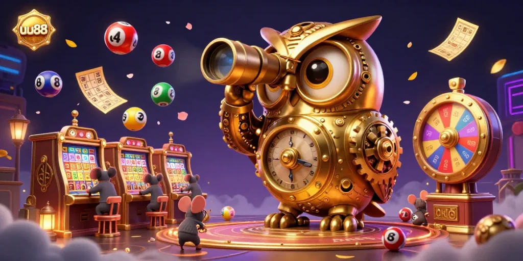 Experience the excitement at uu88 with colorful gambling elements, featuring a golden owl and animated lottery balls.