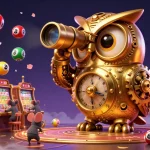 Experience the excitement at uu88 with colorful gambling elements, featuring a golden owl and animated lottery balls.