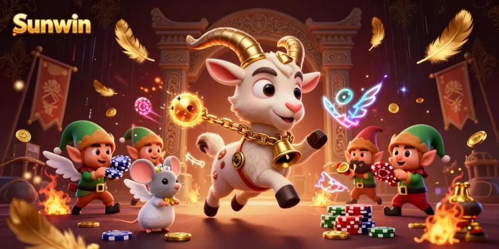 Sunwin players enjoy a vibrant 3D casino scene with festive characters and exciting gambling elements.